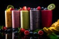 Selection assortment of colourful Healthy fresh fruit and vegetable smoothies with ingredients