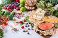Selection assortment of healthy balanced food for heart, diet Royalty Free Stock Photo