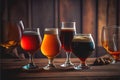 A selection of beers drinks in different glasses wooden table