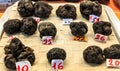 Selection of Black Truffles Tuber melanosporum on display at a market stall in Ventimiglia, Umbria Italy Royalty Free Stock Photo