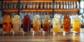 A selection of bottles containing iced teas and coffees is arrayed across a bar counter, displaying a spectrum of hues Royalty Free Stock Photo