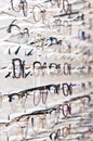 Selection of branded eyeglasses in an optician retail shop in Poland. Royalty Free Stock Photo