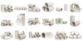 A selection of cardboard toilet paper tubes in various arrangements isolated on a white background Royalty Free Stock Photo