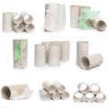 A selection of cardboard toilet paper tubes in various arrangements isolated on a white background Royalty Free Stock Photo