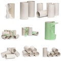 A selection of cardboard toilet paper tubes in various arrangements isolated on a white background Royalty Free Stock Photo