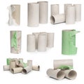 A selection of cardboard toilet paper tubes in various arrangements isolated on a white background Royalty Free Stock Photo