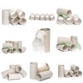 A selection of cardboard toilet paper tubes in various arrangements isolated on a white background Royalty Free Stock Photo