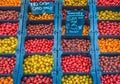 A selection of cherry tomatoes on a market stand Royalty Free Stock Photo