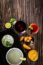 Selection of classic cocktails - cosmopolitan, mojito, bloody mary, old fashioned, margarita, aperol Royalty Free Stock Photo