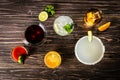 Selection of classic cocktails - cosmopolitan, mojito, bloody mary, old fashioned, margarita, aperol Royalty Free Stock Photo