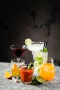 Selection of classic cocktails - cosmopolitan, mojito, bloody mary, old fashioned, margarita, aperol