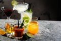 Selection of classic cocktails - cosmopolitan, mojito, bloody mary, old fashioned, margarita, aperol Royalty Free Stock Photo