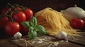Classic Italian Food Ingredients on Wood Background