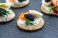 Selection of cocktail blinis - gourmet party food Royalty Free Stock Photo