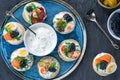 Selection of cocktail blinis - gourmet party food Royalty Free Stock Photo