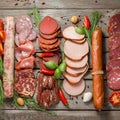 Selection of cold meats, including a variety of processed cold meat products, displayed on a wooden background. Royalty Free Stock Photo