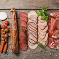 Selection of cold meats, including a variety of processed cold meat products, displayed on a wooden background. Royalty Free Stock Photo