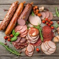 Selection of cold meats, including a variety of processed cold meat products, displayed on a wooden background. Royalty Free Stock Photo