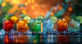 Selection of colorful festive drinks. A group of glasses stacked on top of each other Royalty Free Stock Photo