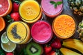 Variety of Fresh Fruit Smoothies Served on a Wooden Table Royalty Free Stock Photo