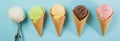 Selection of colorful ice cream scoops on blue background Royalty Free Stock Photo