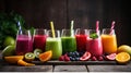 Selection of colorful smoothies and ingredients in glasses, rustic background. Generative AI