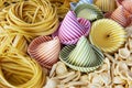 Selection Of Colourful Dried Pasta Including Sombreroni,Orrechiette,Tagliatelle,And Linguine Nests Royalty Free Stock Photo