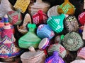 Selection of colourful wicker baskets on sale, Essaouira, Morocco Royalty Free Stock Photo