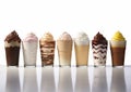 Selection of creamy chocolate and coffee milkshake glasses on white.Macro.AI Generative