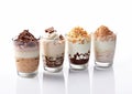 Selection of creamy chocolate and coffee yogurt desserts on white.Macro.AI Generative