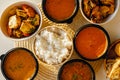 Selection of curries and rice. Indian food in small bowls. Royalty Free Stock Photo