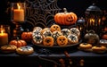 A selection of cute Halloween cookies with funny patterns and spiderweb decorations presented over a beautiful table full of