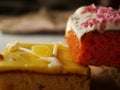 Selection of decorated homemade cakes close up