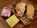 Selection of decorated homemade cakes with sandwiches