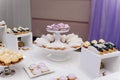 Selection of delicious desserts, cakes, cupcakes and pastry on a buffet table at banquet