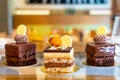 Selection of desserts: amandine, meringue with chocolate and strawberries, caramel cake