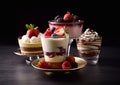 Selection of different desserts and pastries with cakes and whipped cream and chocolate dessert on black.Macro.AI Generative Royalty Free Stock Photo