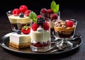 Selection of different desserts and pastries with cakes and whipped cream and chocolate dessert on metal tray.Macro.AI Generative Royalty Free Stock Photo