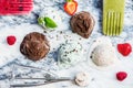 Selection of different ice cream scoops such as mint, chocolate and strawberry Royalty Free Stock Photo