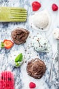 Selection of different ice cream scoops such as mint, chocolate and strawberry Royalty Free Stock Photo