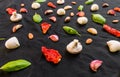 Selection of different Italian food ingredients against black background Royalty Free Stock Photo