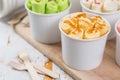 Selection of different rolled ice creams in cone cups Royalty Free Stock Photo