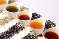 Selection of different types of loose tea brewed in small cups