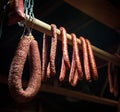 Selection of different types of salami on display