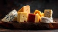 Selection of diverse cheeses on a wooden board, ready for a tasting event Royalty Free Stock Photo