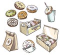 Selection of donuts. takeaway packaging. Fast food.