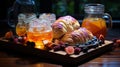 selection of drinks arranged on a tray with a blurred background of a countryside landscape