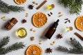 Selection of essential oils with Christmas spices and ingredient