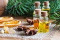 Selection of essential oils with Christmas spices and ingredient