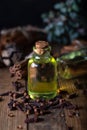 Selection of essential oils with  clove and cinnamon sticks on the wooden background Royalty Free Stock Photo